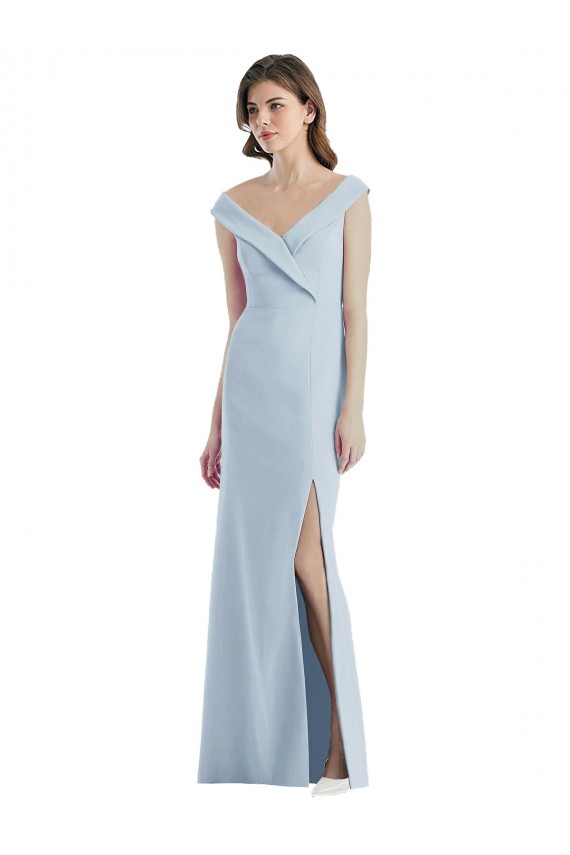 Achat Bleu ciel clair Trapèze Épaule Dénudée Col V Crêpe Stretch Longue Robes demoiselle d'honneur