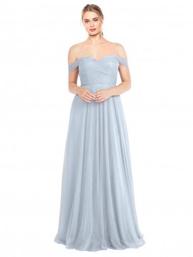 Achat Bleu ciel clair Trapèze Épaule Dénudée Tulle Longue Robes demoiselle d'honneur