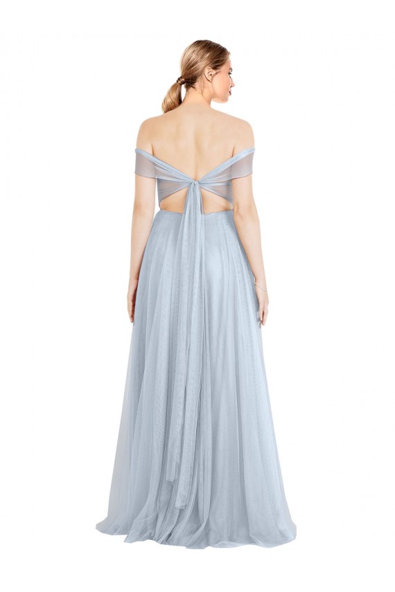 Achat Bleu ciel clair Trapèze Épaule Dénudée Tulle Longue Robes demoiselle d'honneur