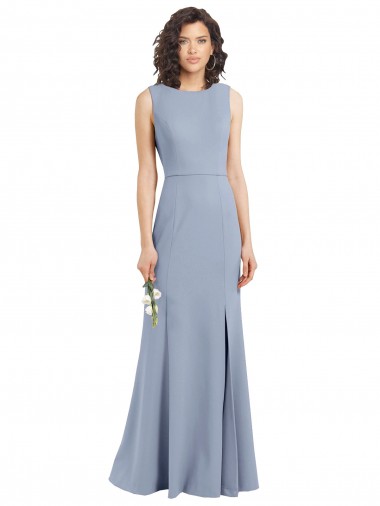 Achat Bleu fumée Fourreau Col Bateau Col Haut Crêpe Stretch Longue Robes demoiselle d'honneur