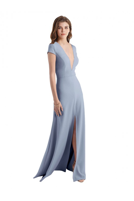 Achat Bleu fumée Fourreau Col V Crêpe Stretch Longue Robes demoiselle d'honneur / Robes de bal