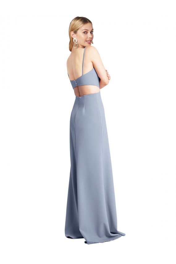 Achat Bleu fumée Trapèze Bretelles spaghetti Scoop Crêpe Stretch Longue Robes demoiselle d'honneur / Robes de bal