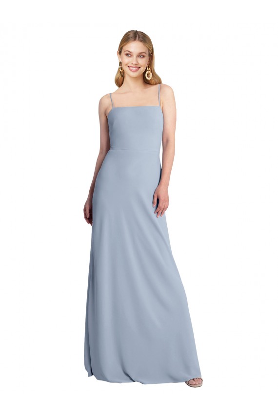 Achat Bleu fumée Trapèze Col Carré Crêpe Stretch Longue Robes demoiselle d'honneur / Robes de bal