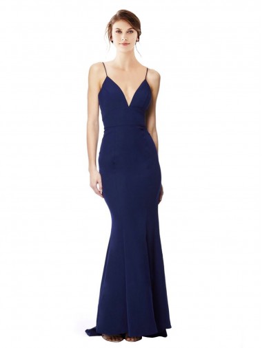 Achat Bleu marine Sirène Bretelles spaghetti Col V Crêpe Stretch Longue Formelles Robes demoiselle d'honneur / Robes de soirée / Robes de bal