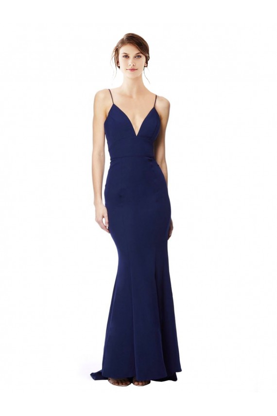Achat Bleu marine Sirène Bretelles spaghetti Col V Crêpe Stretch Longue Formelles Robes demoiselle d'honneur / Robes de soirée / Robes de bal