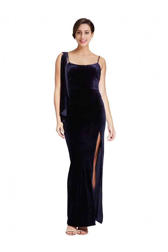 Achat Bleu marine foncé Fourreau Bretelles spaghetti Col Carré Velours Stretch Longue Formelles Robes demoiselle d'honneur / Robes de soirée / Robes de bal