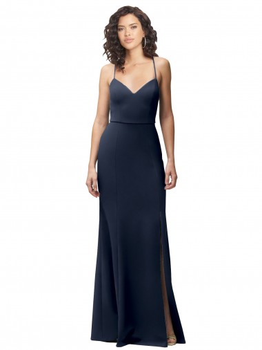 Achat Bleu marine foncé Fourreau Bretelles spaghetti Crêpe Stretch Longue Formelles Robes demoiselle d'honneur / Robes de soirée / Robes de bal