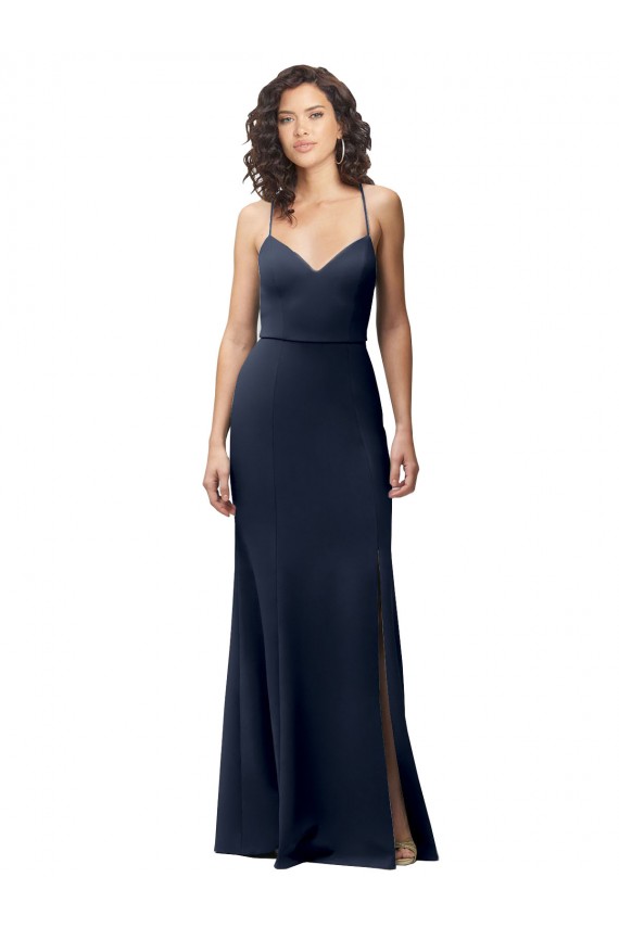 Achat Bleu marine foncé Fourreau Bretelles spaghetti Crêpe Stretch Longue Formelles Robes demoiselle d'honneur / Robes de soirée / Robes de bal