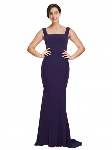 Achat Bleu marine foncé Fourreau Col Carré Balayage train Crêpe Stretch Longue Robes demoiselle d'honneur / Robes de bal