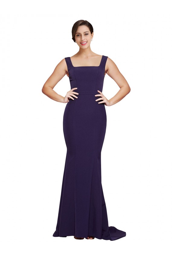 Achat Bleu marine foncé Fourreau Col Carré Balayage train Crêpe Stretch Longue Robes demoiselle d'honneur / Robes de bal