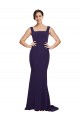 Achat Bleu marine foncé Fourreau Col Carré Balayage train Crêpe Stretch Longue Robes demoiselle d'honneur / Robes de bal