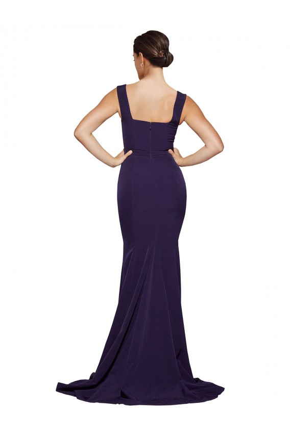 Achat Bleu marine foncé Fourreau Col Carré Balayage train Crêpe Stretch Longue Robes demoiselle d'honneur / Robes de bal