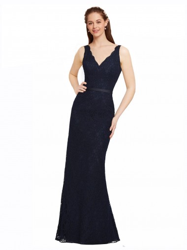 Achat Bleu marine foncé Fourreau Col V Dentelle Longue Robes demoiselle d'honneur