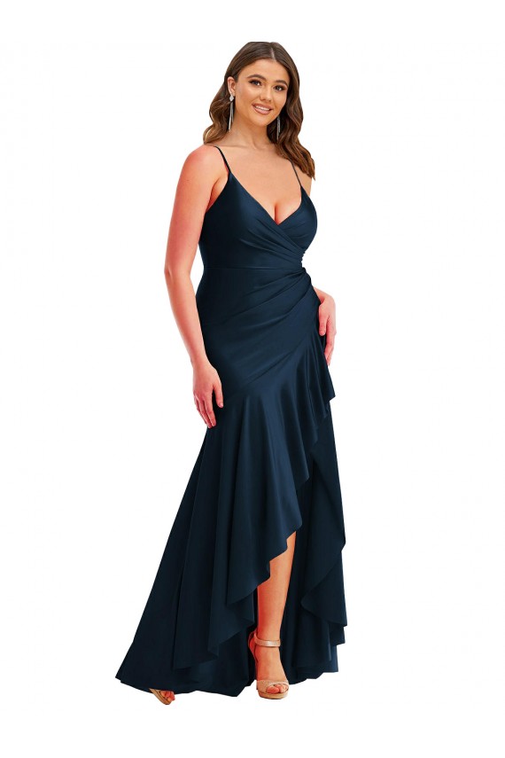 Achat Bleu marine foncé Sirène Bretelles spaghetti Satiné Soyeux Longue Asymétrique Formelles Robes demoiselle d'honneur / Robes de soirée / Robes de bal
