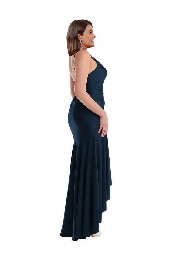 Achat Bleu marine foncé Sirène Bretelles spaghetti Satiné Soyeux Longue Asymétrique Formelles Robes demoiselle d'honneur / Robes de soirée / Robes de bal