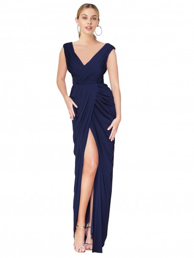 Achat Bleu marine foncé Sirène Col V Mousseline Longue Formelles Robes demoiselle d'honneur / Robes de soirée / Robes de bal