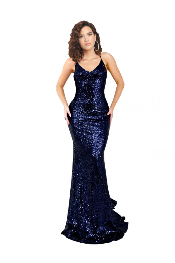 Achat Bleu marine foncé Sirène Col V Paillette Longue Formelles Robes demoiselle d'honneur / Robes de soirée / Robes de bal