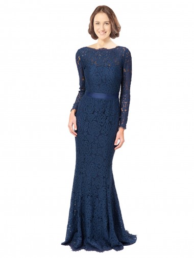 Achat Bleu marine foncé Sirène Col bijou Balayage train Dentelle Longue Robes demoiselle d'honneur