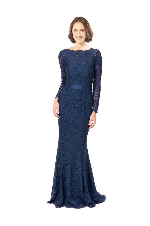 Achat Bleu marine foncé Sirène Col bijou Balayage train Dentelle Longue Robes demoiselle d'honneur