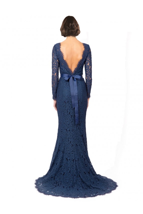 Achat Bleu marine foncé Sirène Col bijou Balayage train Dentelle Longue Robes demoiselle d'honneur