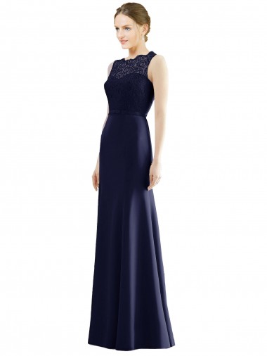 Achat Bleu marine foncé Sirène Illusion Mousseline Dentelle Longue Robes demoiselle d'honneur