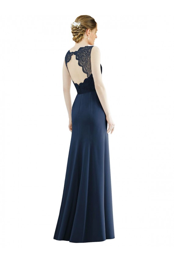 Achat Bleu marine foncé Sirène Illusion Mousseline Dentelle Longue Robes demoiselle d'honneur