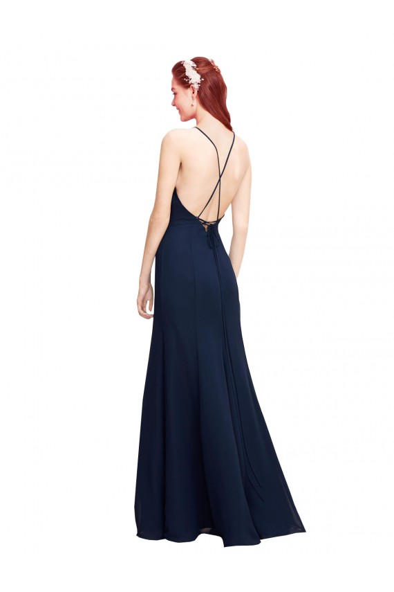 Achat Bleu marine foncé Sirène Licou Col Haut Mousseline Longue Robes demoiselle d'honneur / Robes de bal