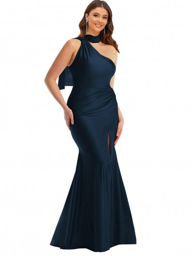 Achat Bleu marine foncé Sirène Licou Satiné Soyeux Longue Formelles Robes demoiselle d'honneur / Robes de soirée / Robes de bal