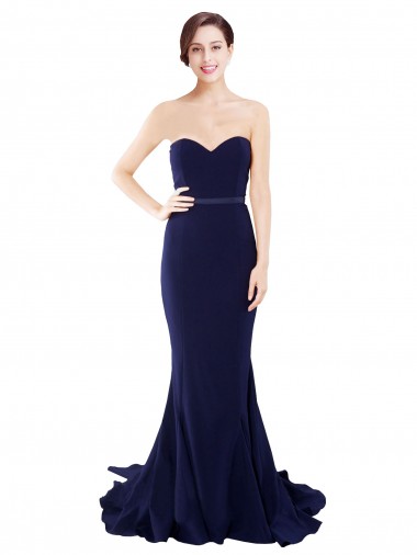 Achat Bleu marine foncé Sirène Sans bretelle Balayage train Crêpe Stretch Longue Robes demoiselle d'honneur / Robes de bal
