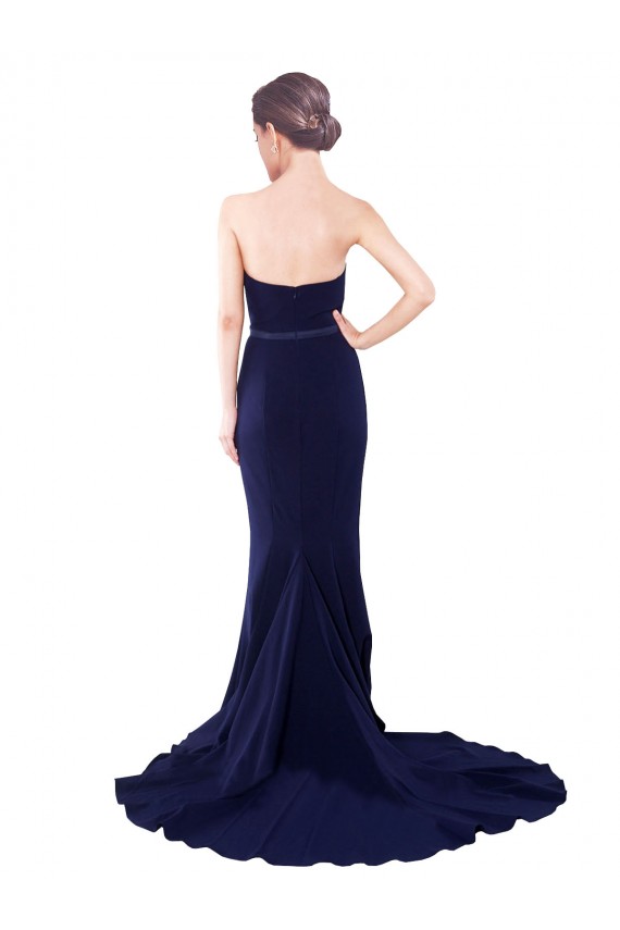 Achat Bleu marine foncé Sirène Sans bretelle Balayage train Crêpe Stretch Longue Robes demoiselle d'honneur / Robes de bal