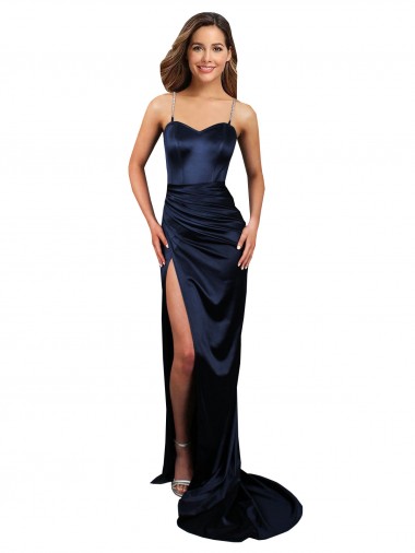 Achat Bleu marine foncé Sirène Satiné Stretch Longue Formelles Robes demoiselle d'honneur / Robes de soirée / Robes de bal