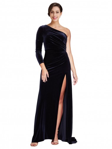 Achat Bleu marine foncé Trapèze Balayage train Velours Stretch Longue Formelles Robes demoiselle d'honneur / Robes de soirée / Robes de bal