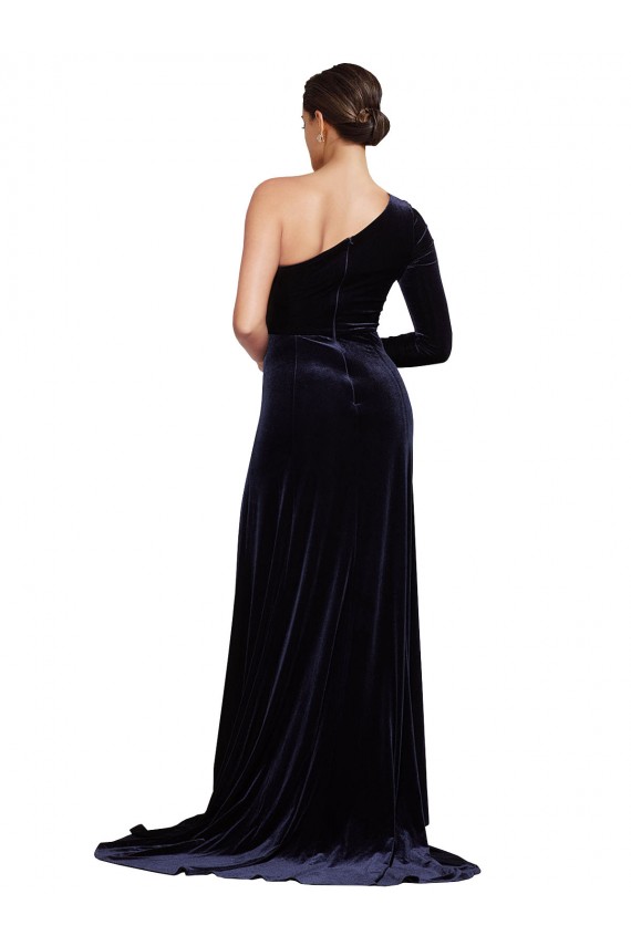 Achat Bleu marine foncé Trapèze Balayage train Velours Stretch Longue Formelles Robes demoiselle d'honneur / Robes de soirée / Robes de bal