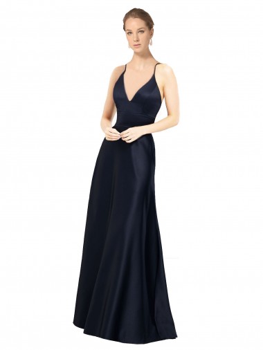 Achat Bleu marine foncé Trapèze Bretelles spaghetti Col V Satiné Longue Robes demoiselle d'honneur / Robes de bal