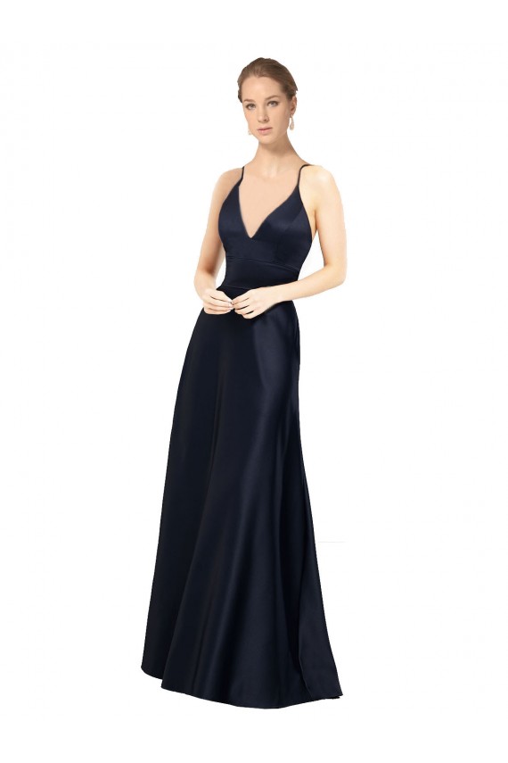 Achat Bleu marine foncé Trapèze Bretelles spaghetti Col V Satiné Longue Robes demoiselle d'honneur / Robes de bal