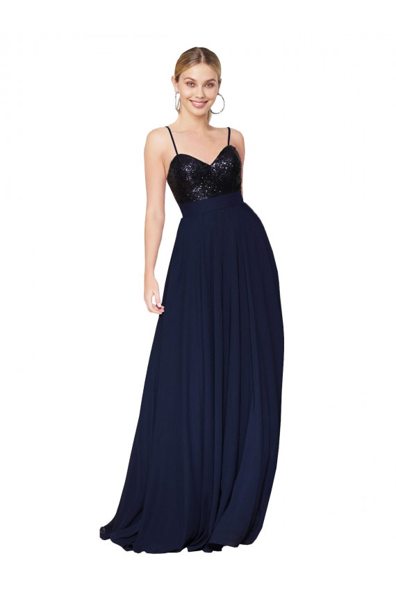 Achat Bleu marine foncé Trapèze Bretelles spaghetti Mousseline Paillette Longue Robes demoiselle d'honneur / Robes de bal