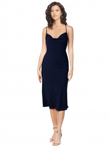 Achat Bleu marine foncé Trapèze Bretelles spaghetti midi Satiné Soyeux Courte Robes demoiselle d'honneur / Robes de soirée / Robes de cocktail