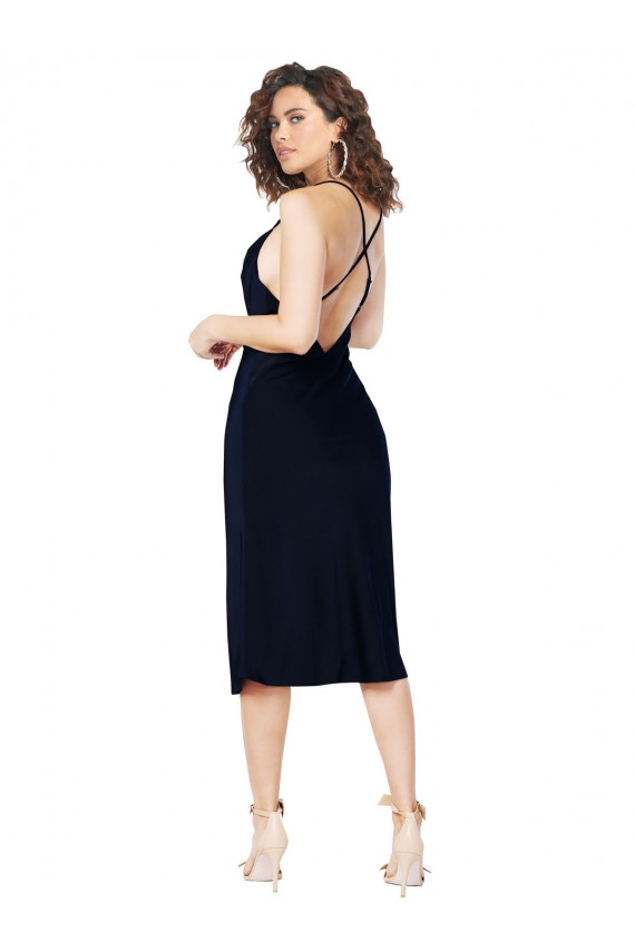 Achat Bleu marine foncé Trapèze Bretelles spaghetti midi Satiné Soyeux Courte Robes demoiselle d'honneur / Robes de soirée / Robes de cocktail