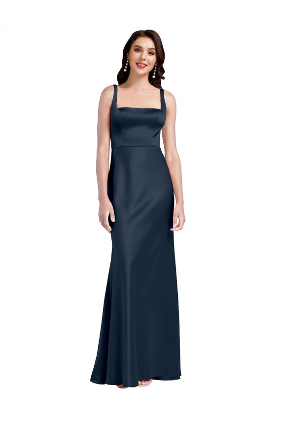Achat Bleu marine foncé Trapèze Col Carré Satiné Stretch Longue Formelles Robes demoiselle d'honneur / Robes de soirée / Robes de bal