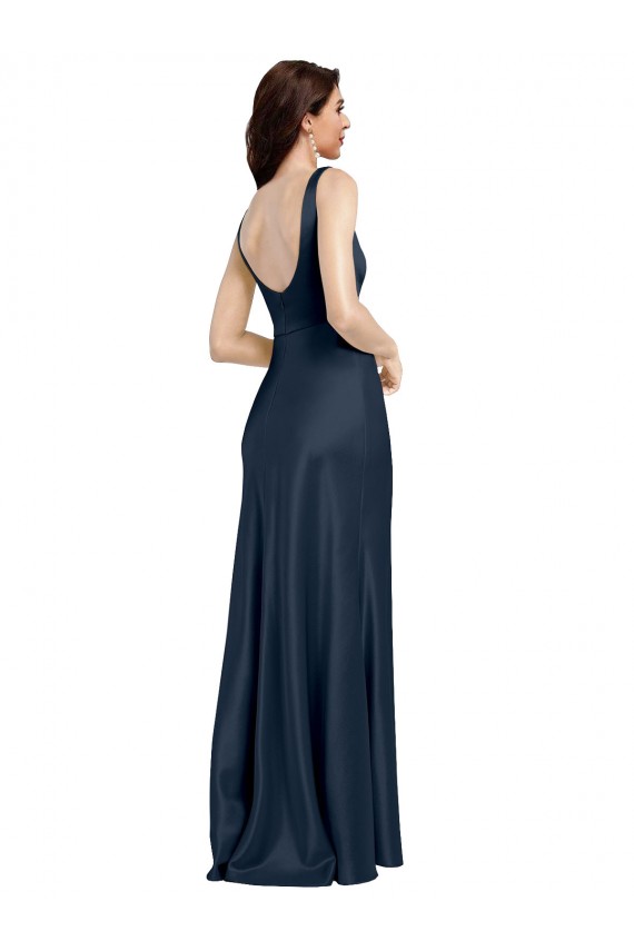 Achat Bleu marine foncé Trapèze Col Carré Satiné Stretch Longue Formelles Robes demoiselle d'honneur / Robes de soirée / Robes de bal