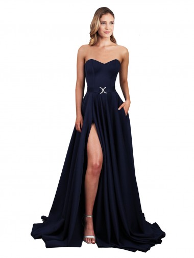 Achat Bleu marine foncé Trapèze Col Haut Crêpe Stretch Longue Formelles Robes demoiselle d'honneur / Robes de soirée / Robes de bal