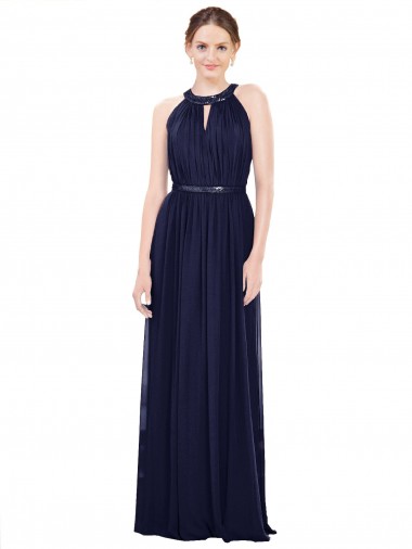 Achat Bleu marine foncé Trapèze Col Haut Mousseline Longue Robes demoiselle d'honneur