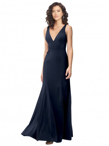 Achat Bleu marine foncé Trapèze Col V Crêpe Stretch Longue Formelles Robes demoiselle d'honneur / Robes de soirée / Robes de bal