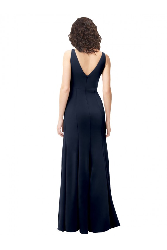 Achat Bleu marine foncé Trapèze Col V Crêpe Stretch Longue Formelles Robes demoiselle d'honneur / Robes de soirée / Robes de bal