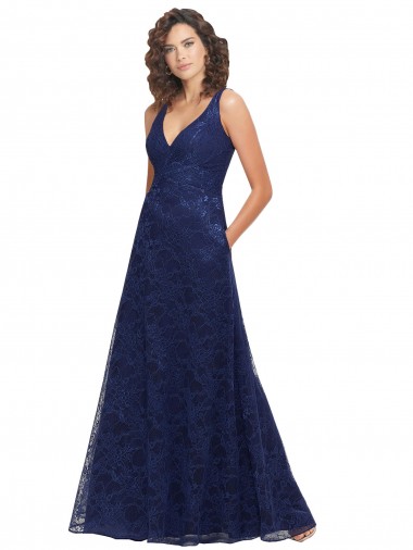 Achat Bleu marine foncé Trapèze Col V Dentelle Longue Robes demoiselle d'honneur