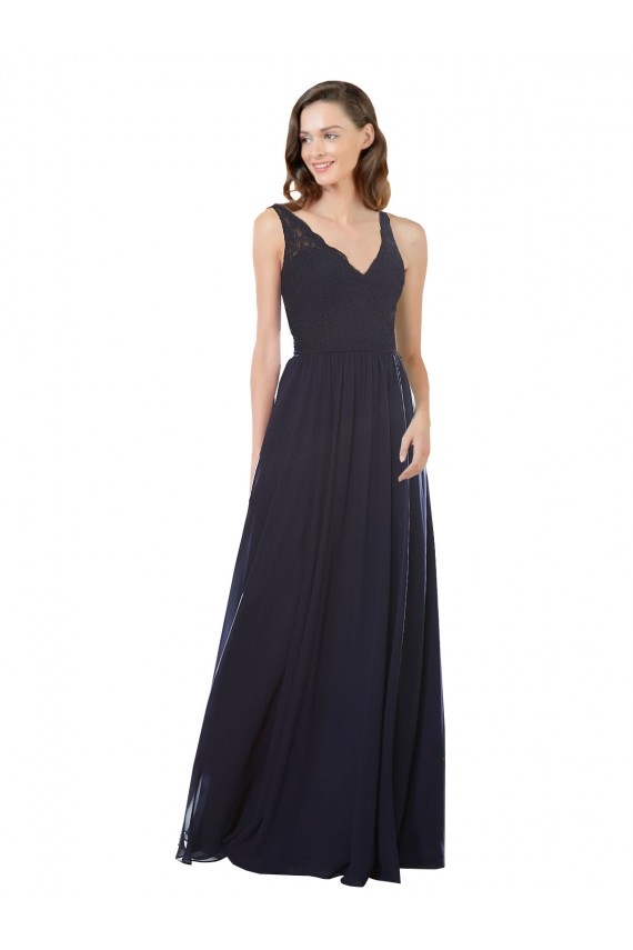 Achat Bleu marine foncé Trapèze Col V Mousseline Dentelle Longue Robes demoiselle d'honneur