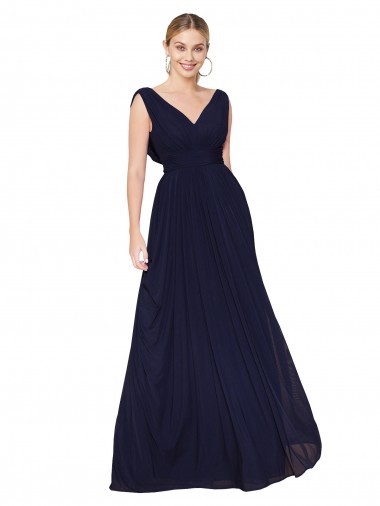 Achat Bleu marine foncé Trapèze Col V Mousseline Longue Formelles Robes demoiselle d'honneur / Robes de soirée / Robes de bal