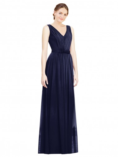 Achat Bleu marine foncé Trapèze Col V Mousseline Longue Robes demoiselle d'honneur