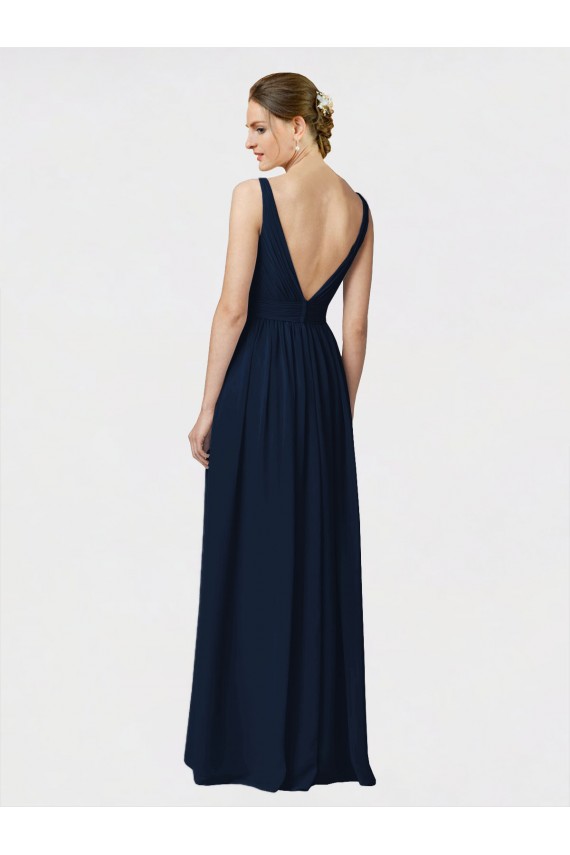 Achat Bleu marine foncé Trapèze Col V Mousseline Longue Robes demoiselle d'honneur