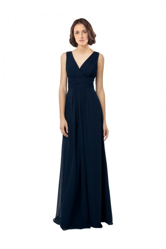 Achat Bleu marine foncé Trapèze Col V Mousseline Longue Robes demoiselle d'honneur